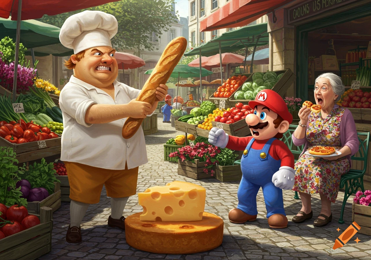 A cartoon chef with an angry expression threatens Mario with a baguette in a vibrant market scene, while an old lady eats pizza in the background.