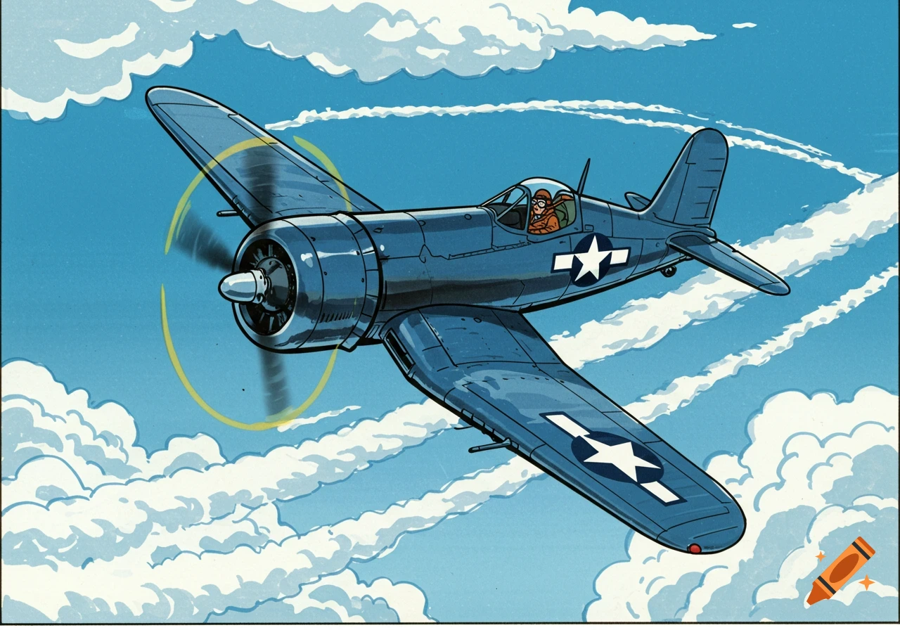 A blue Corsair airplane with a pilot, flying through a cloudy sky in a comic book art style.
