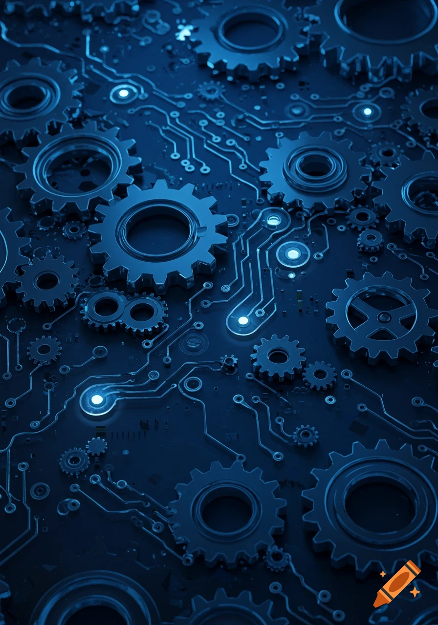 Blue metallic gears and glowing circuit lines on a dark background.