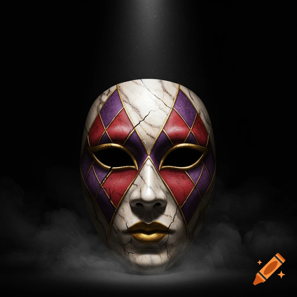 Cracked marble harlequin mask in red, purple, and gold, illuminated by a spotlight through ethereal smoke.
