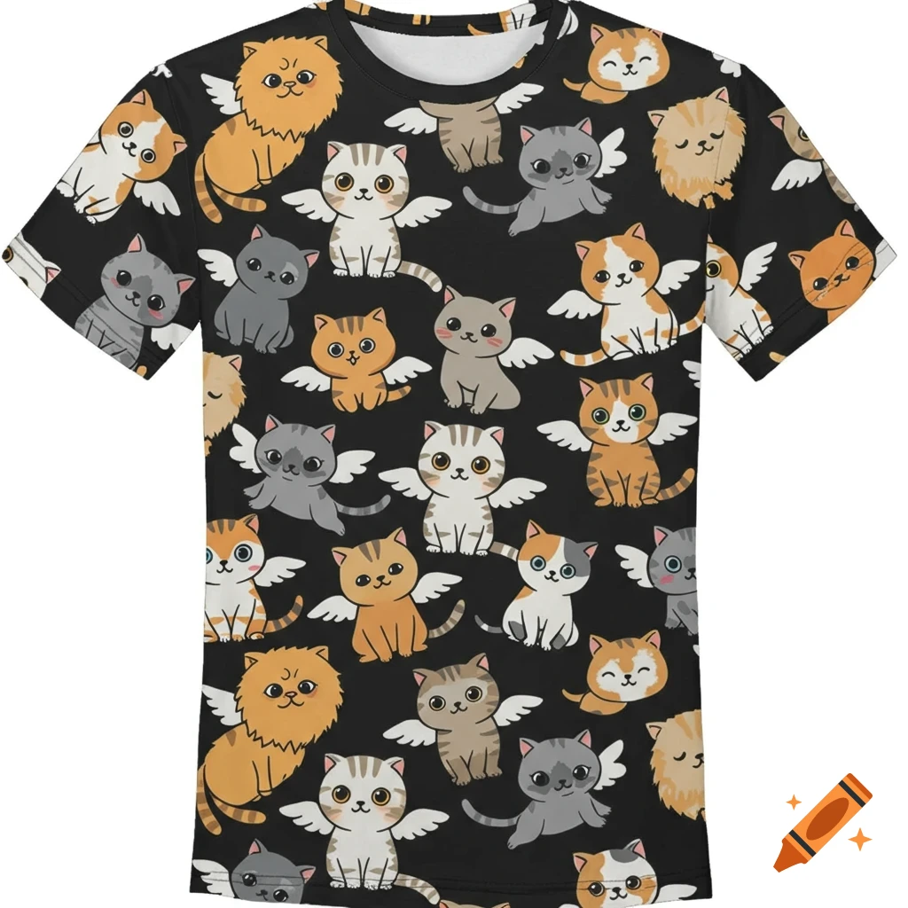 A black T-shirt covered in a seamless pattern of diverse, cute cartoon kittens with angel wings.