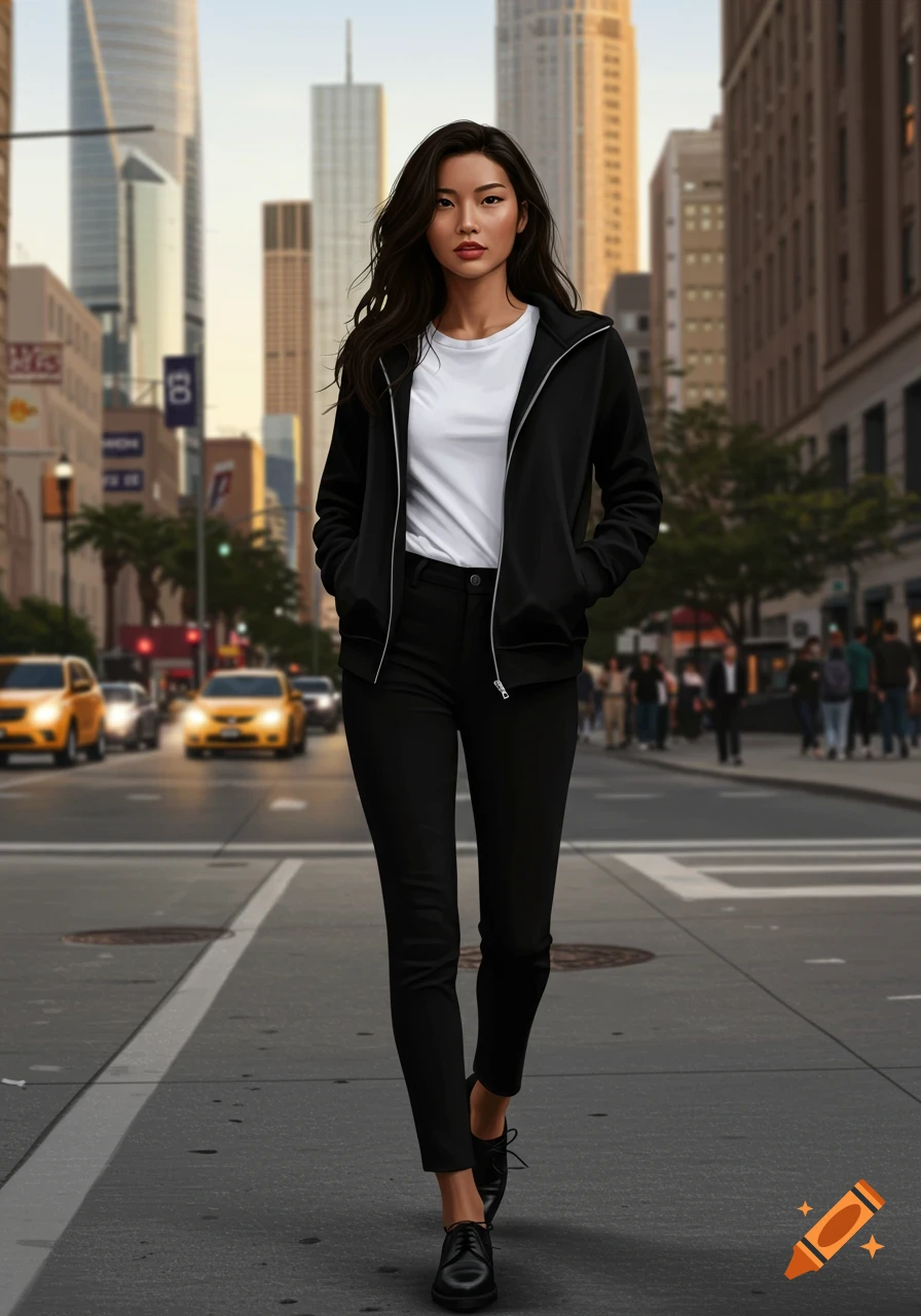 A young woman in a black zipped sweatshirt, white t-shirt, black pants, and shoes walks down a city street with tall buildings in the background.