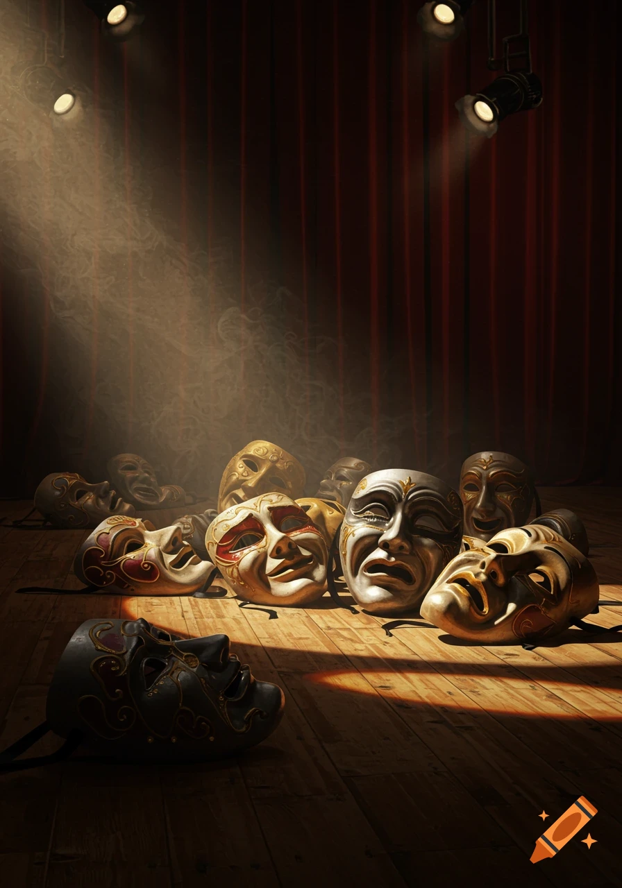 A pile of dramatic and comedic theater masks illuminated by spotlights on a wooden stage with red curtains.