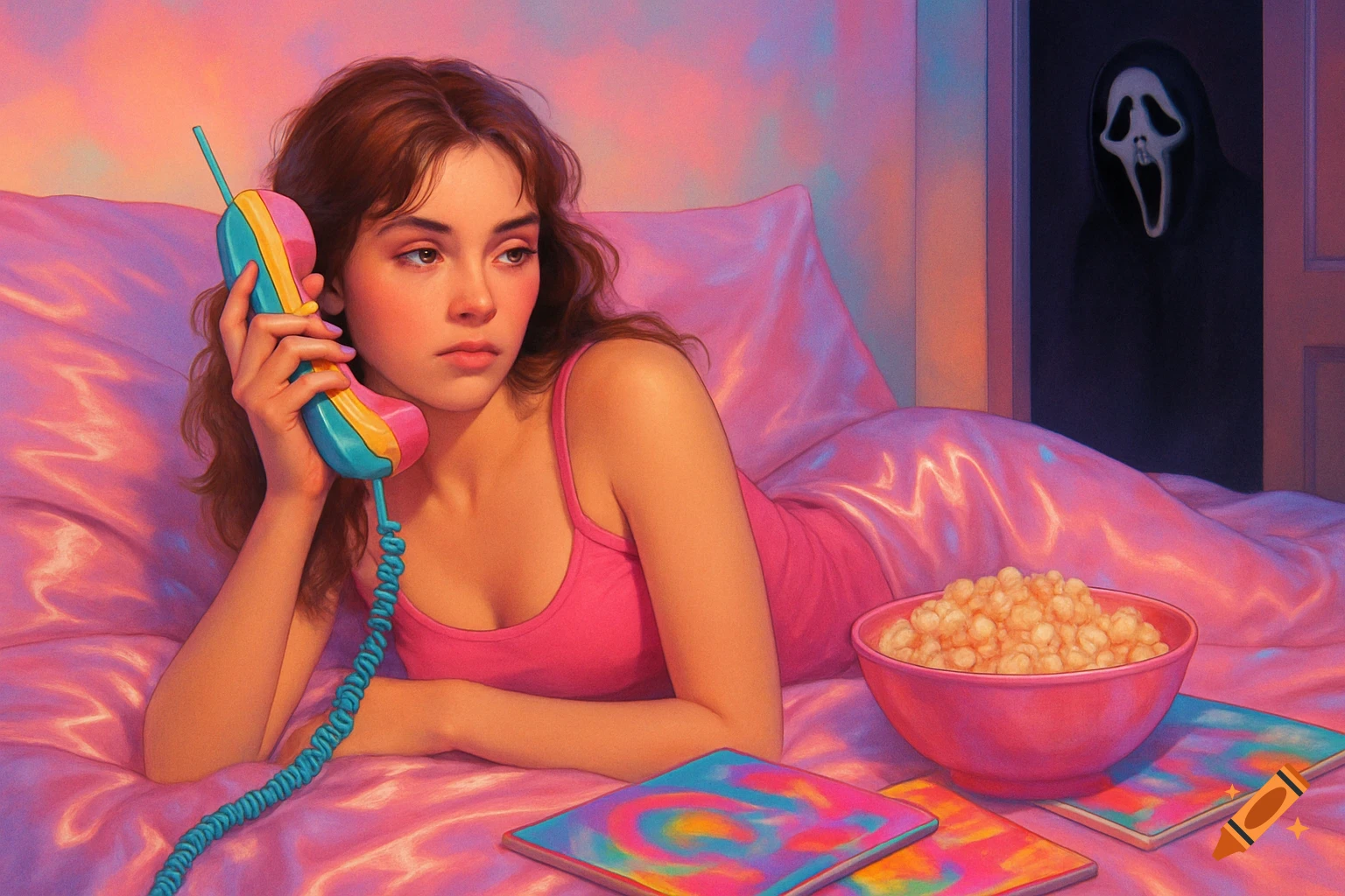 A Y2K-style digital art piece showing a thoughtful woman on pink satin sheets with a retro phone, popcorn, and Ghostface in the background.