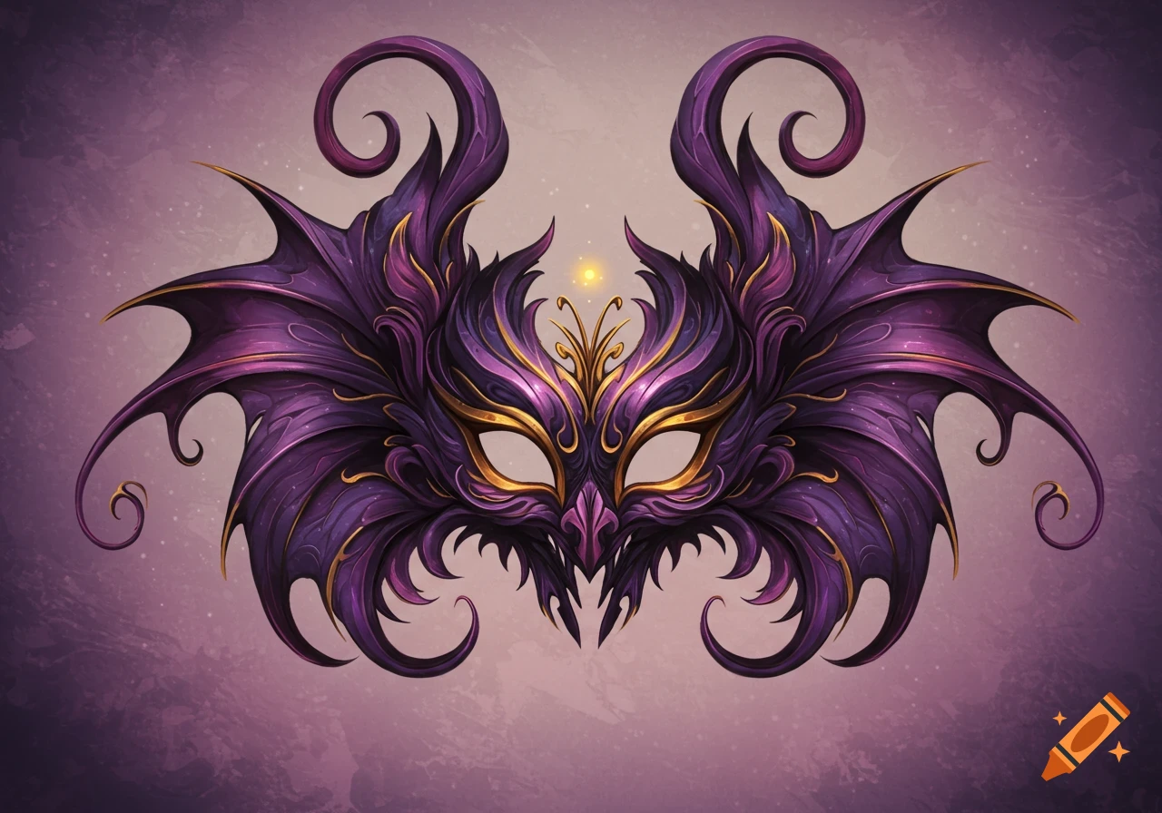 A highly decorative, stylized bat mask with intricate purple and gold swirling patterns and wings, on a textured purple background.
