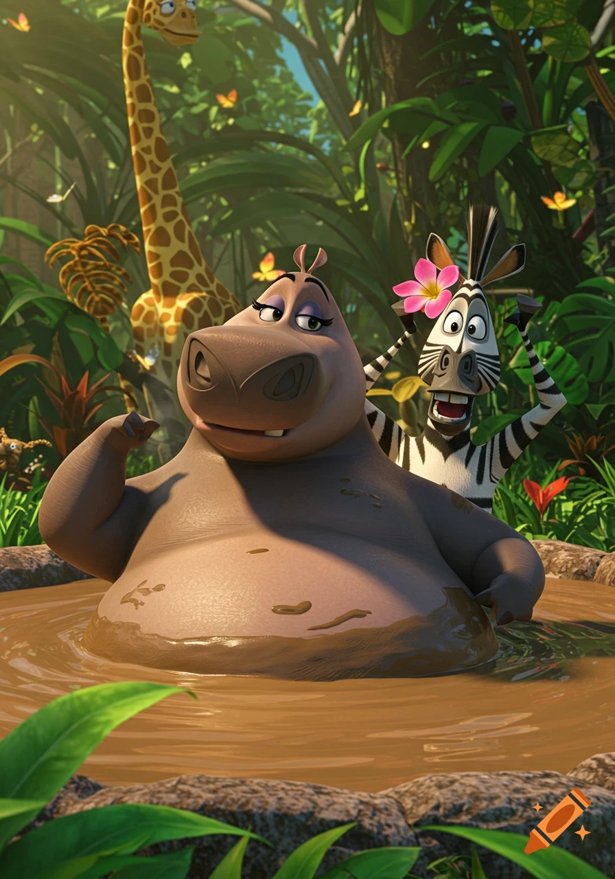 Gloria the hippo and Marty the zebra from Madagascar relaxing in a jungle mud bath, 3D animated style.