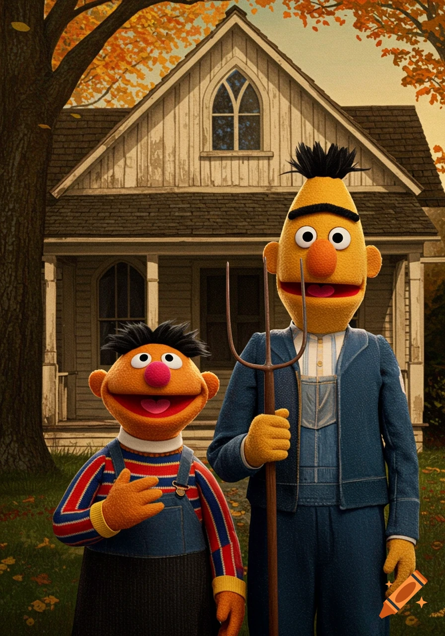 Bert and Ernie from Sesame Street pose like American Gothic in front of a farmhouse with autumn leaves, holding a pitchfork.