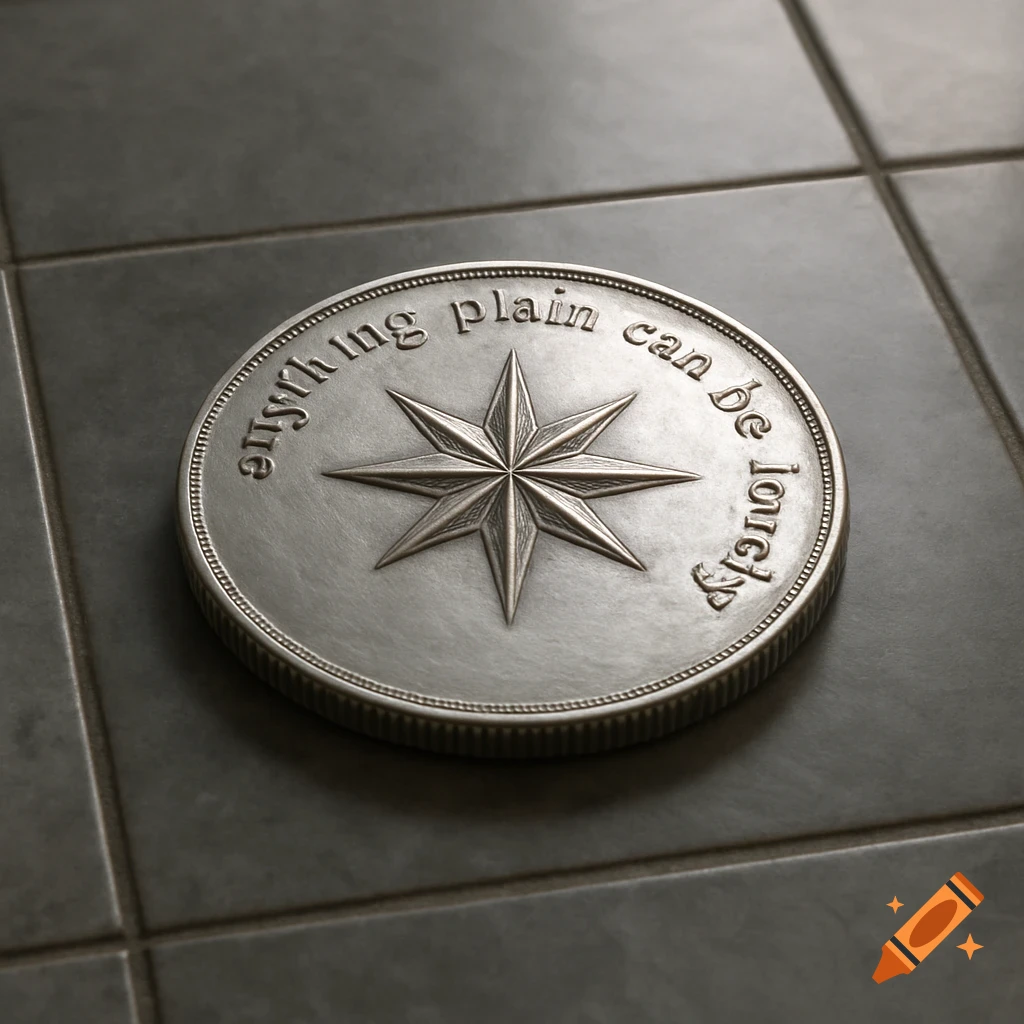 An ultra-realistic silver coin with an eight-pointed star and the engraved message "anything plain can be lovely" rests on a gray tile floor.