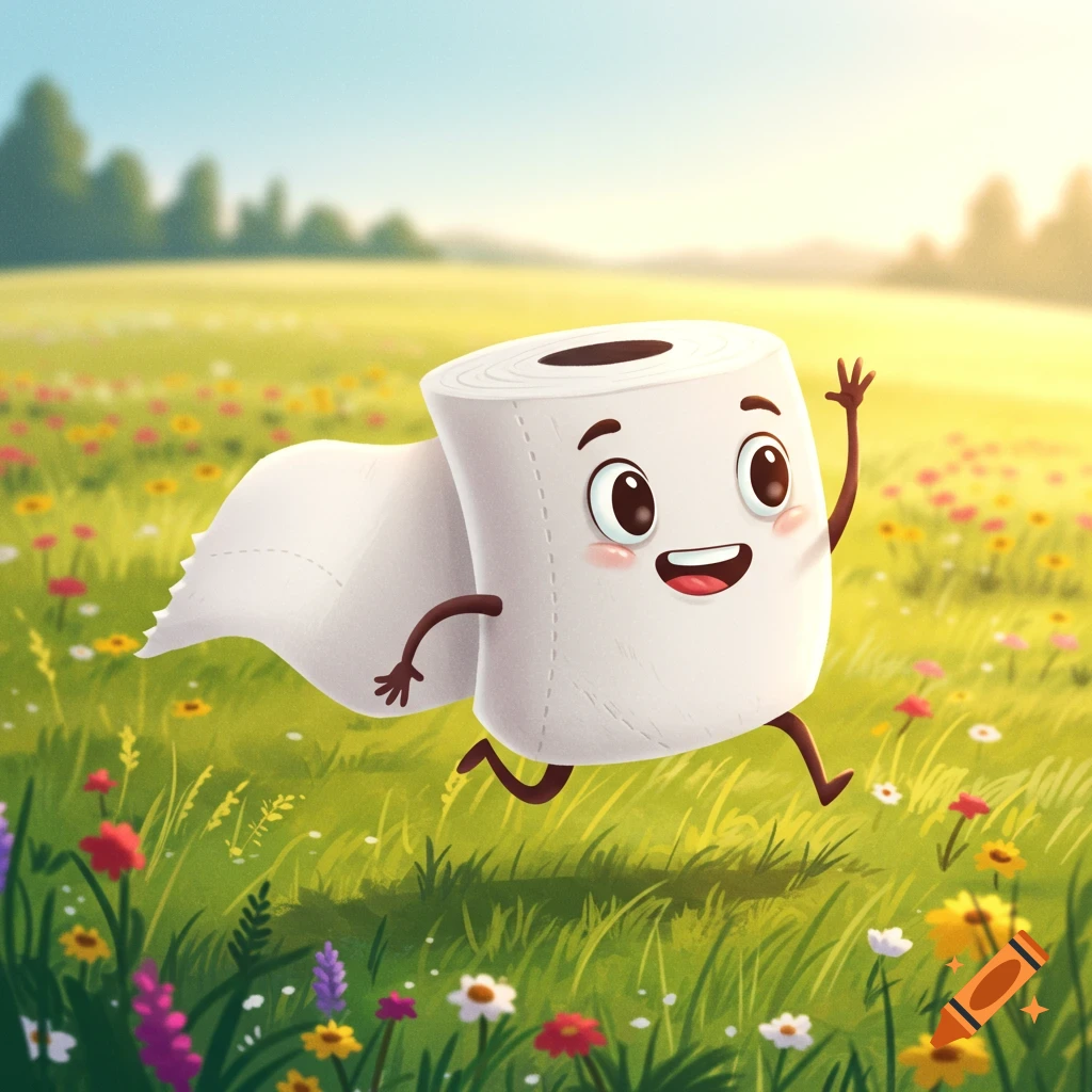 A cute cartoon toilet paper roll with a smiling face runs through a sunny, green field filled with colorful flowers, waving one hand.