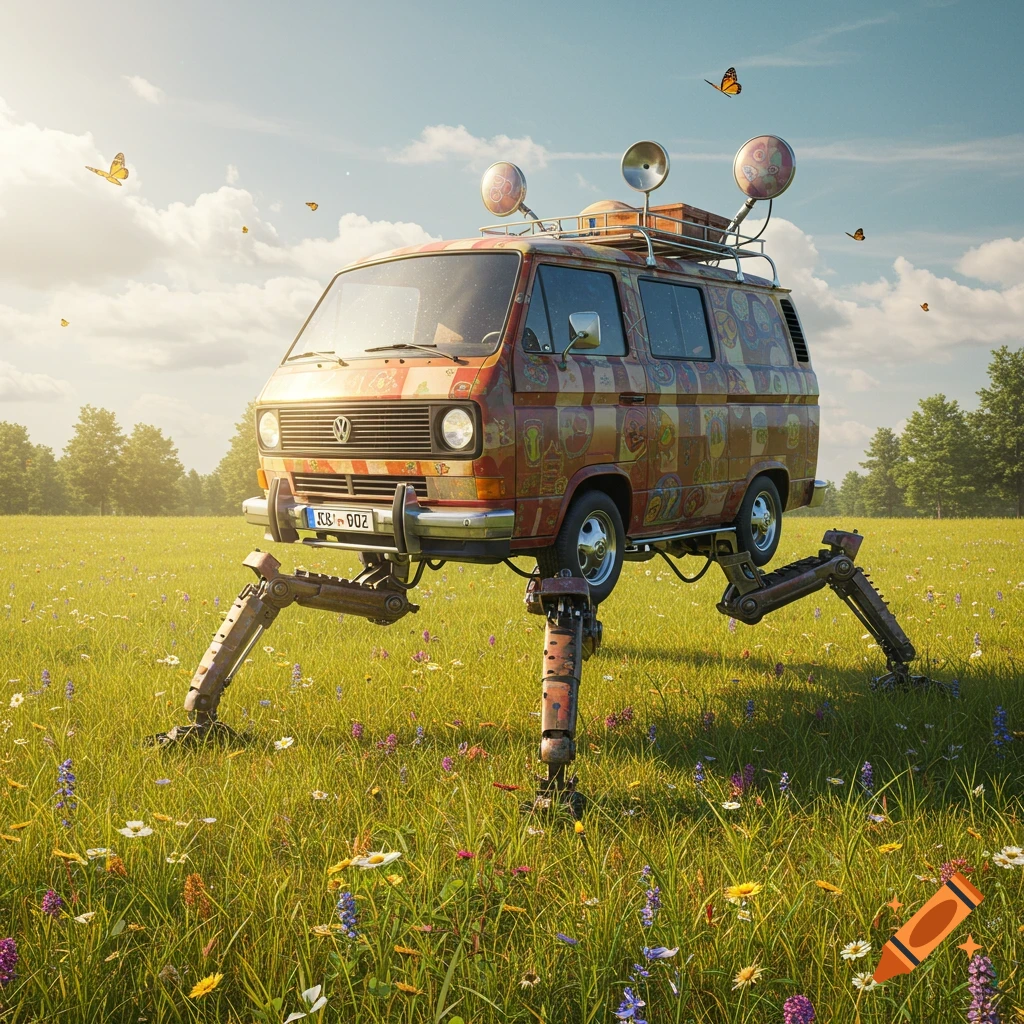 A rusty, patterned van with robotic legs stands in a sunny green meadow with wildflowers, under a blue sky and butterflies.