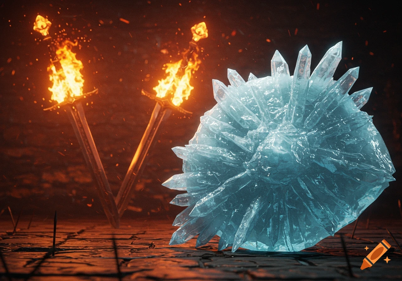 Two flaming swords behind a large, spiky blue ice crystal shield on dark, rocky ground.