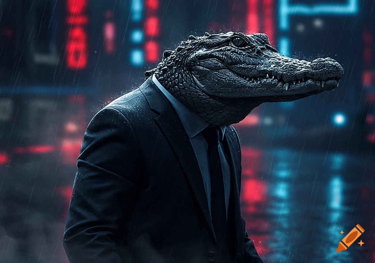 Photorealistic image of an alligator's head on a man in a dark suit, standing in the rain in a neon-lit city.