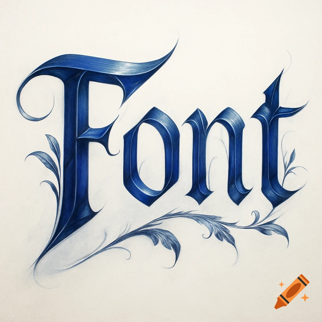 Ornate metallic blue lettering spelling 'Font' with decorative swirls on a light background.