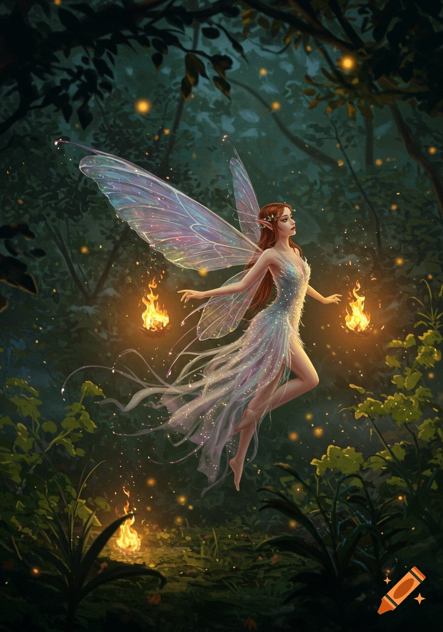 A beautiful fairy with iridescent wings and glowing hands conjuring fire, hovering in a dark, magical forest lit by fireflies.
