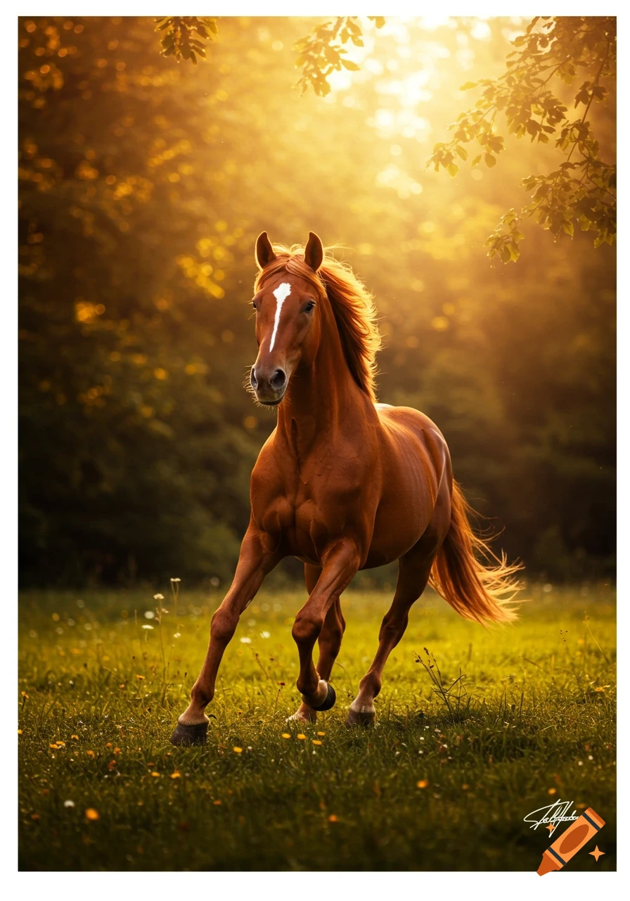 A majestic brown horse with a white blaze gallops through a sunlit field with green grass and yellow flowers. Photorealistic.