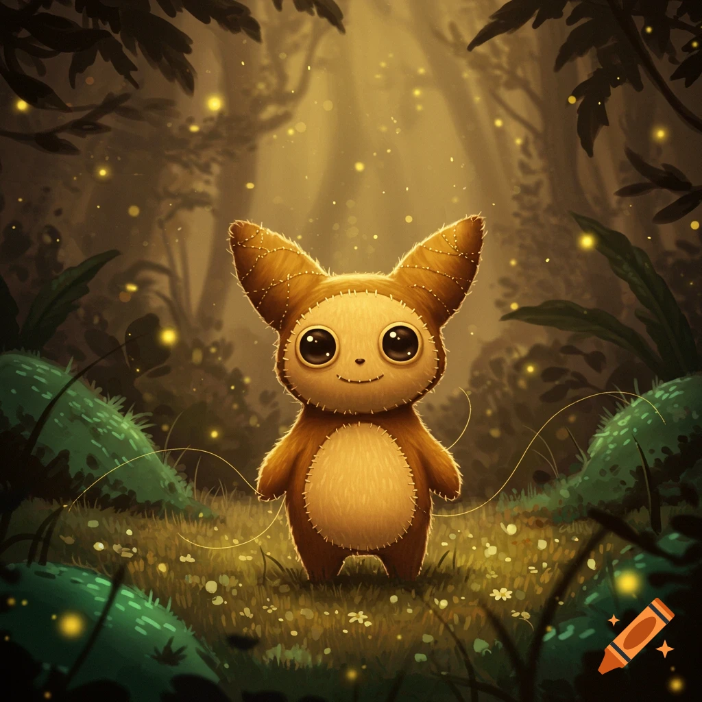 A cute, brown, stitched plush toy-like creature with large eyes stands in a magical, glowing forest.