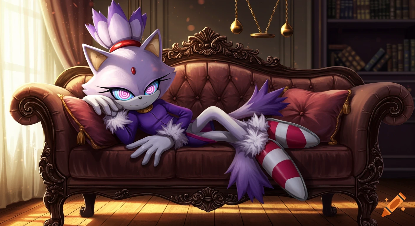 Anime style Blaze the Cat with spiral, hypnotized eyes, lounging on an ornate brown couch in a luxurious room.