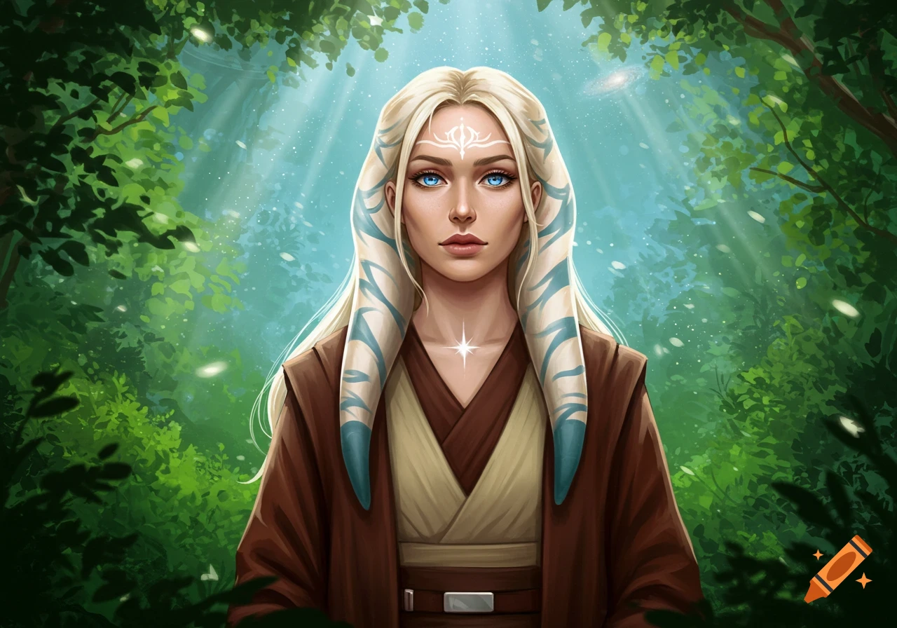 A blonde Jedi woman with blue eyes and a glowing star on her chest stands in a sunlit green forest. Digital illustration.