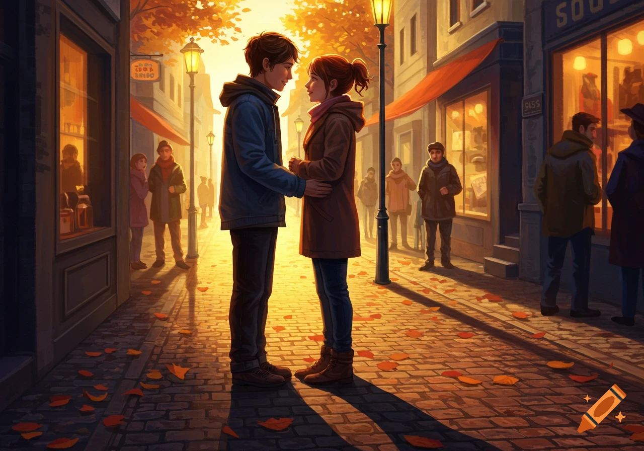 An illustrated autumn city street scene where a young couple holds hands, bathed in golden sunlight from glowing lampposts, with other pedestrians in the background.