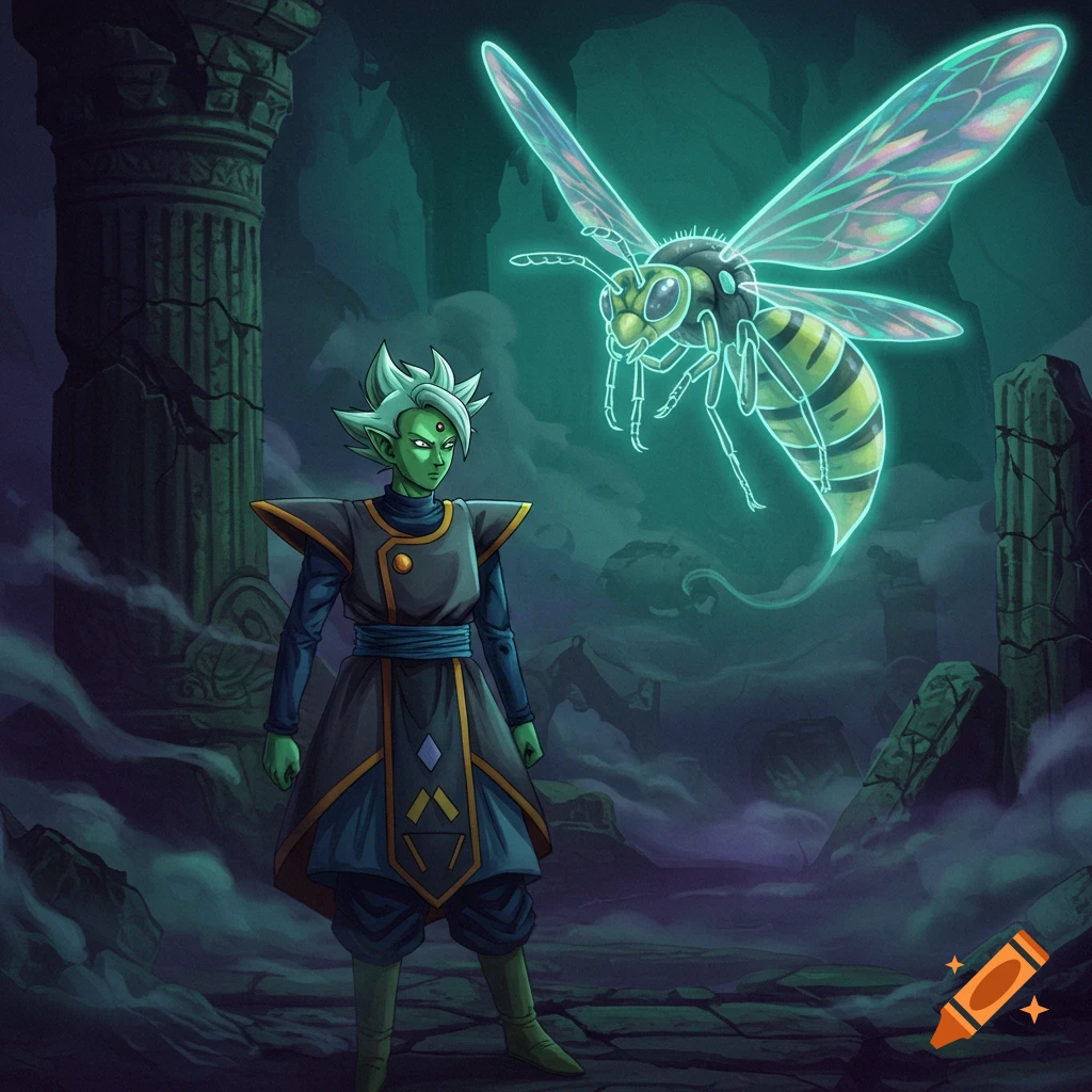 Anime-style art of Zamasu standing in dark ruins, looking at a large, glowing, translucent wasp.