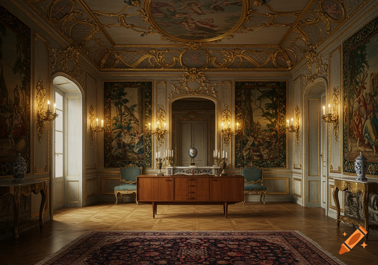 Luxurious baroque room with gilded walls, tapestries, a painted ceiling, and a mid-century modern wooden credenza.