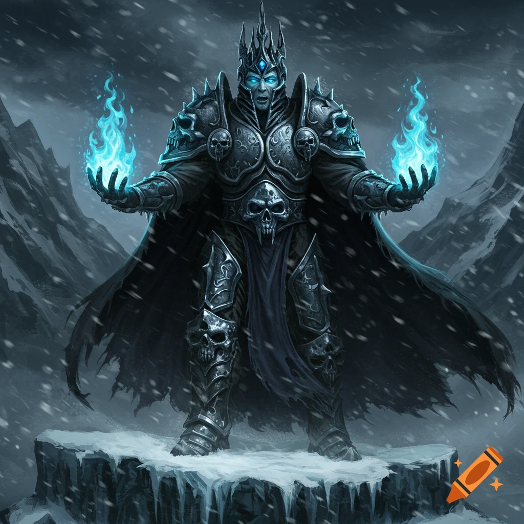 A powerful armored Lich King stands on a snowy peak, holding glowing blue fire in his hands. Dark fantasy illustration.