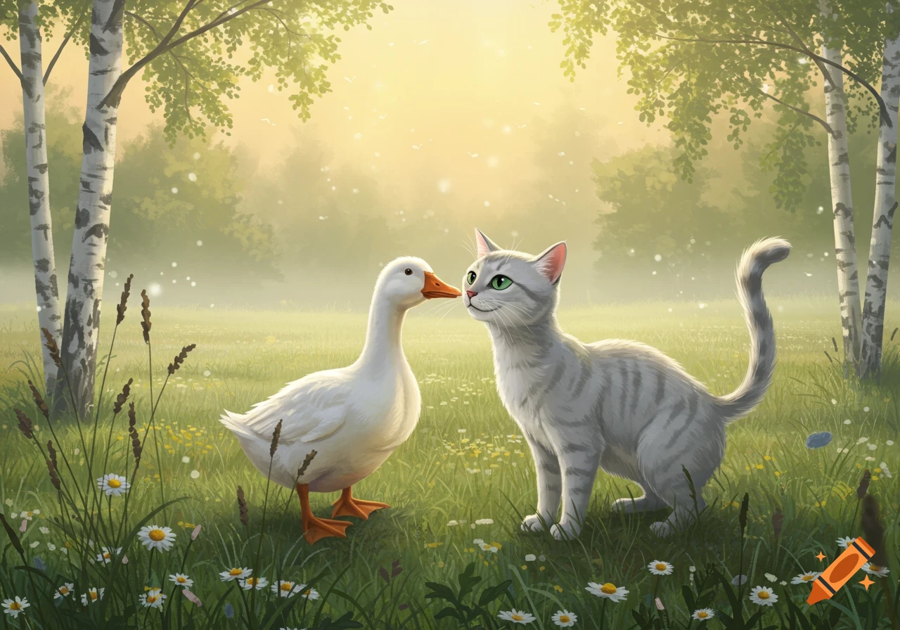A gray tabby cat and a white goose touch noses in a sunny meadow with birch trees and wildflowers, digital art.