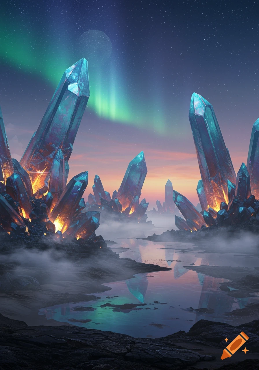 Fantasy landscape with large glowing blue crystals, mist, a reflective pool, and an aurora borealis under a starry sky.