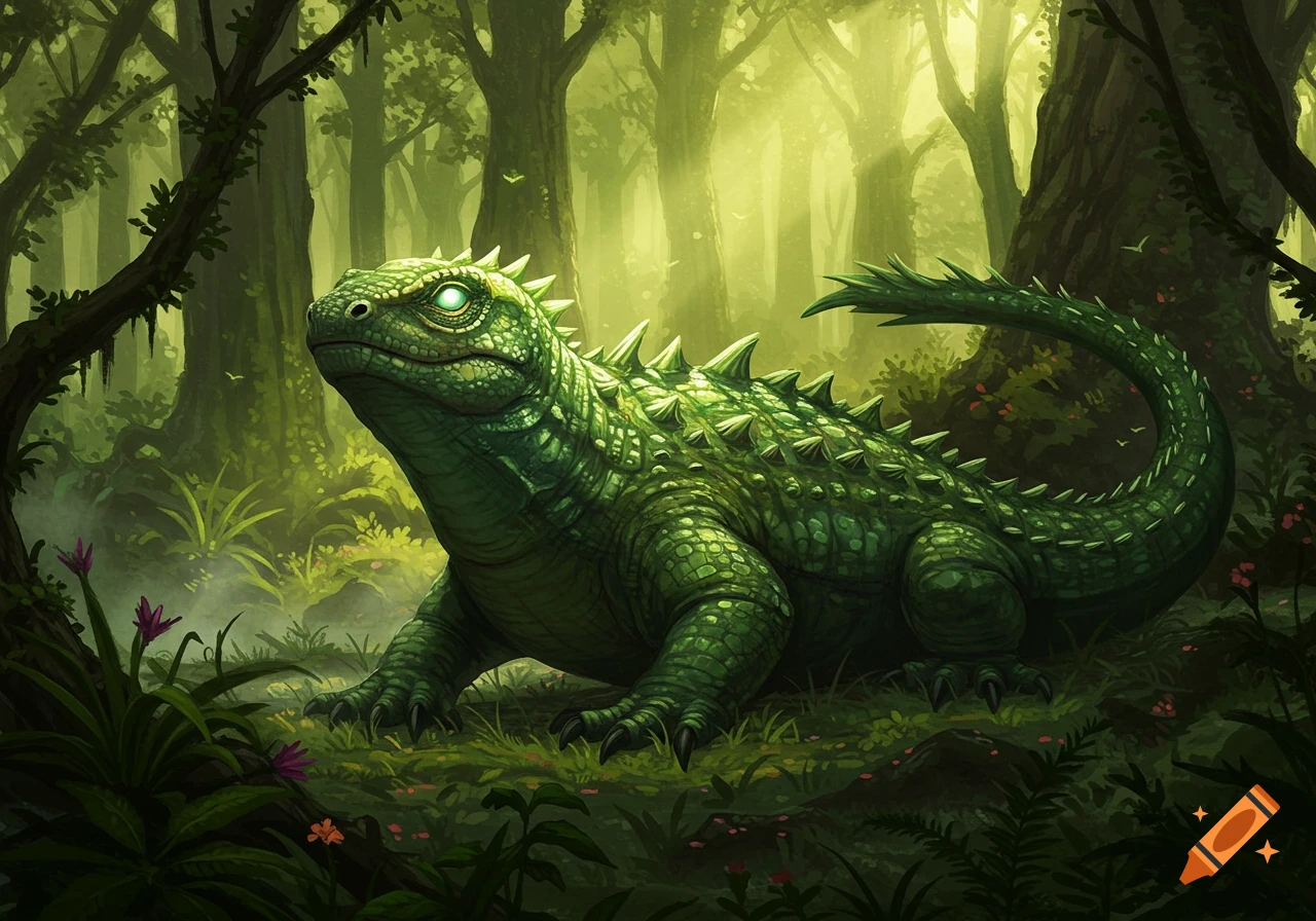 A large green, spiky, lizard-like creature with bright glowing eyes rests in a vibrant, sun-dappled jungle. Digital painting.