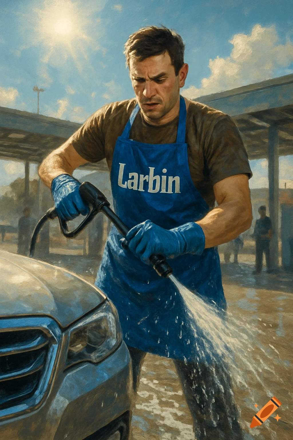 A man in a blue apron with 'Larbin' written on it and blue gloves power washes the front of a car at an outdoor car wash.