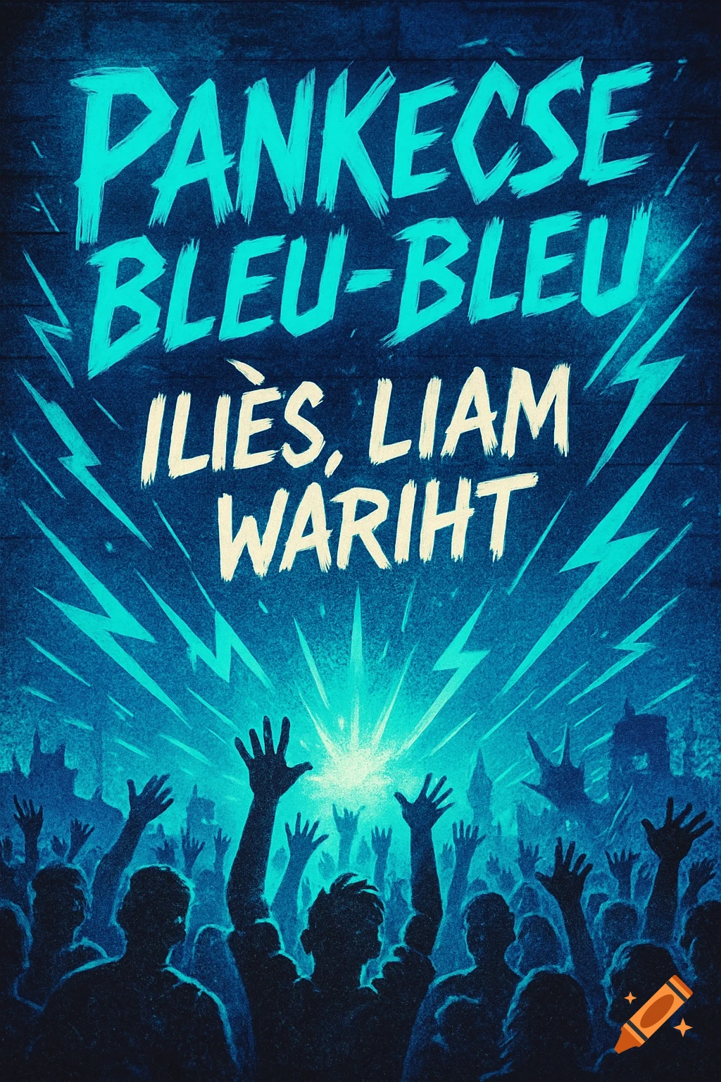 Blue concert poster with bold text 'PANKEÇSE BLEU-BLEU' and names 'ILIÈS, LIAM WARIHT' above a silhouetted crowd raising hands.