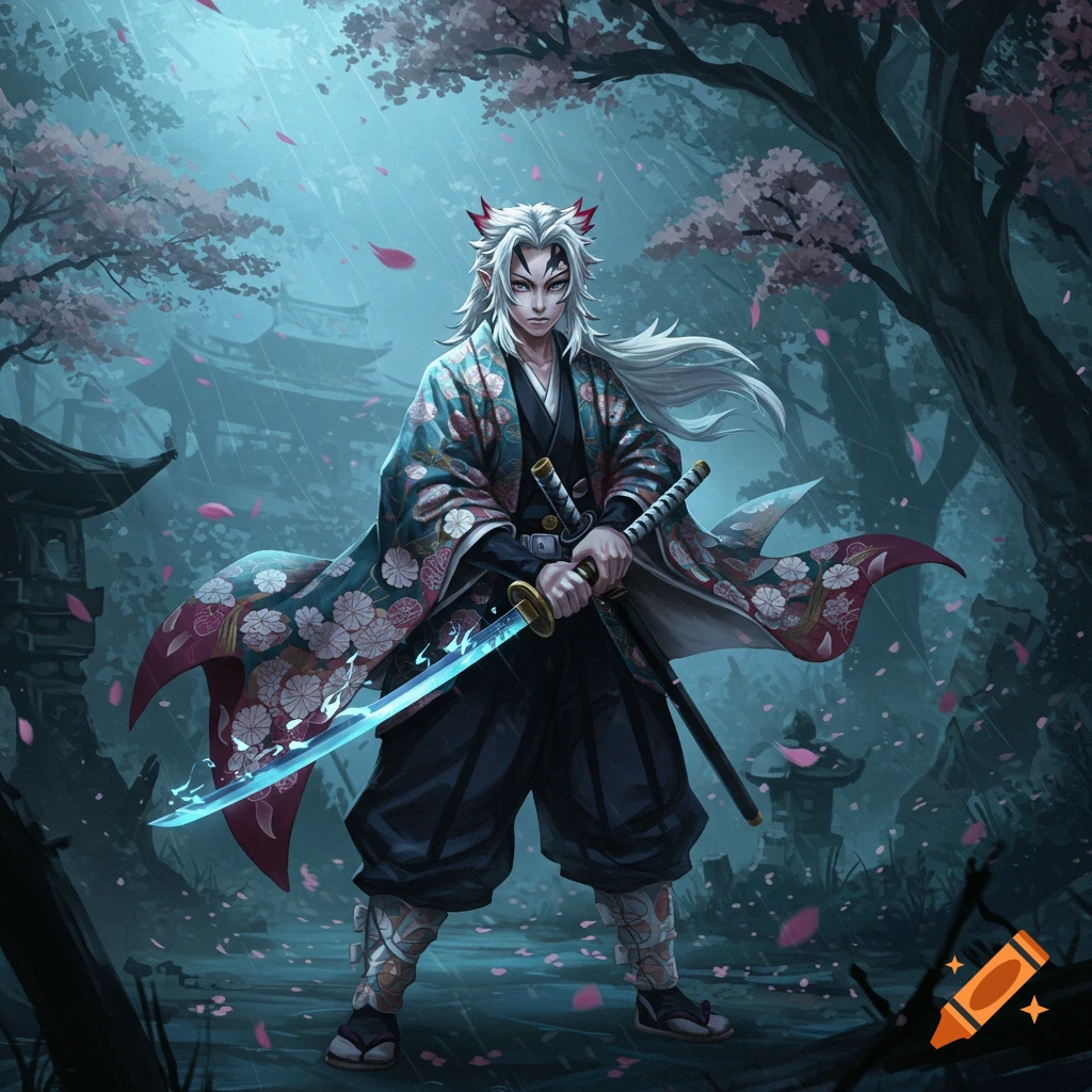 An anime-style warrior with white hair and red horns, wearing a patterned kimono, holds a glowing blue katana in a rainy cherry blossom forest.