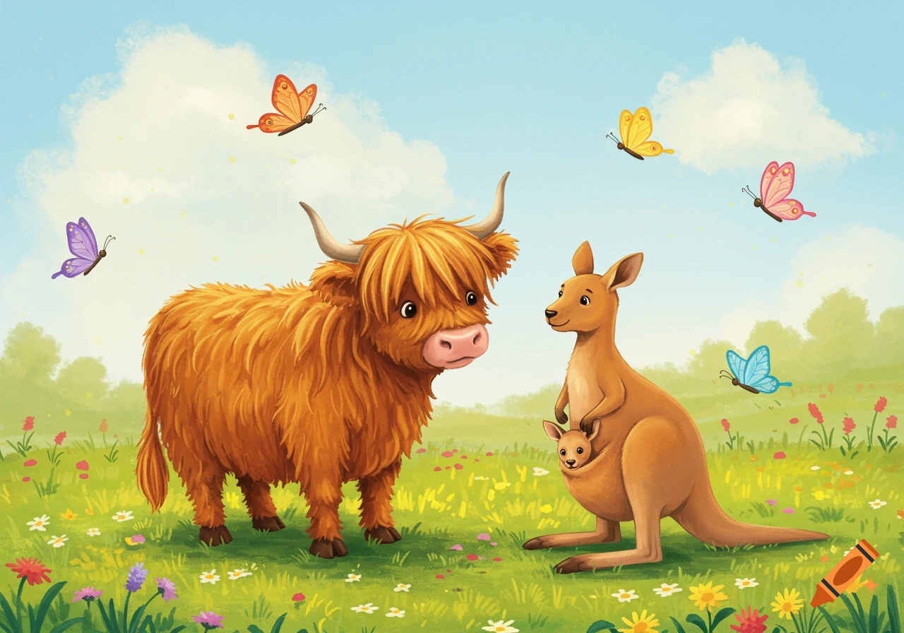 Cute illustration of a fluffy Highland cow looking at a kangaroo with a joey in its pouch in a flowery field with butterflies.