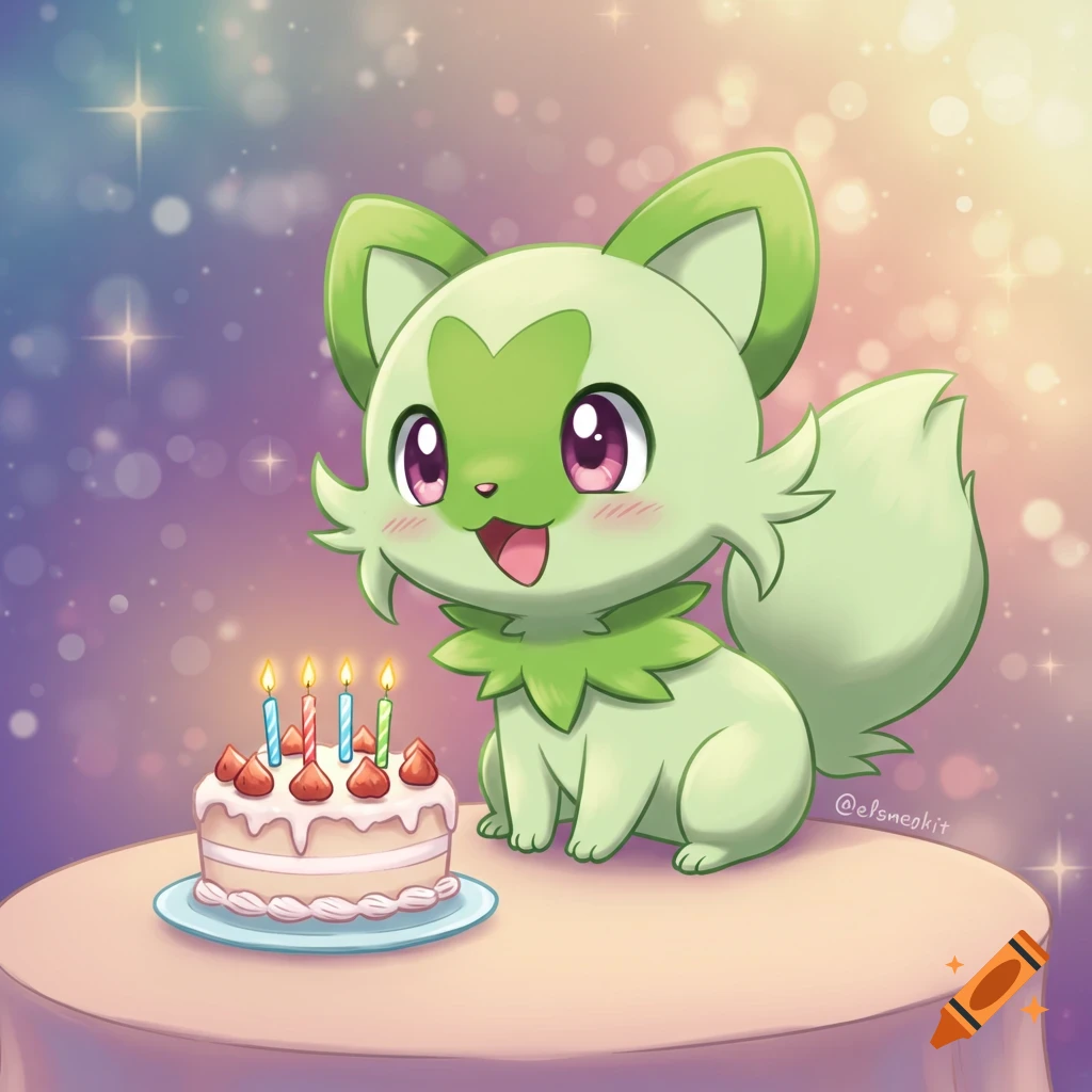 Cute chibi Sprigatito looking at a birthday cake with candles, in a pastel, sparkling background, hand-drawn illustration.