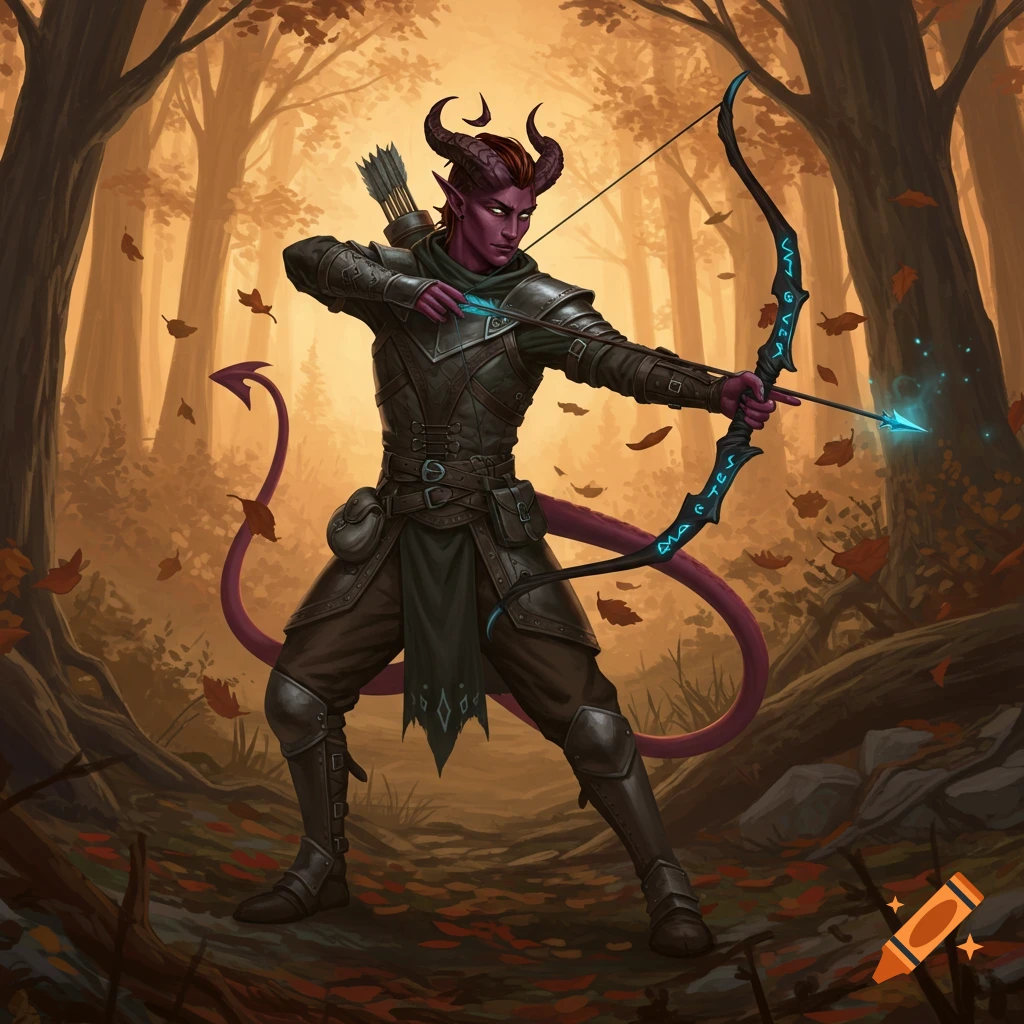 A purple-skinned Tiefling archer with horns and a tail, dressed in leather armor, aims a glowing longbow in an autumn forest.
