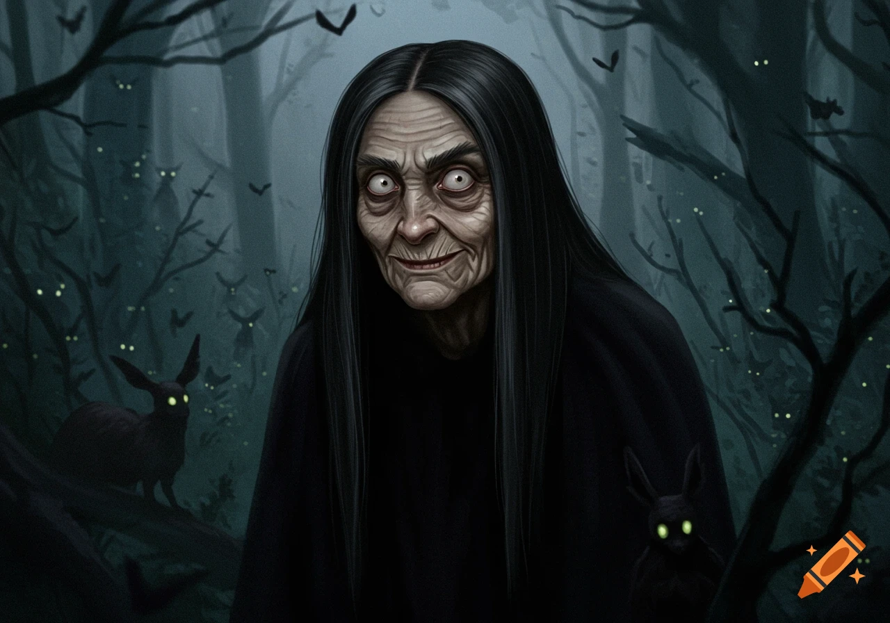 An old witch with long black hair, wrinkled face, and wide eyes in a dark, misty forest with glowing-eyed creatures.