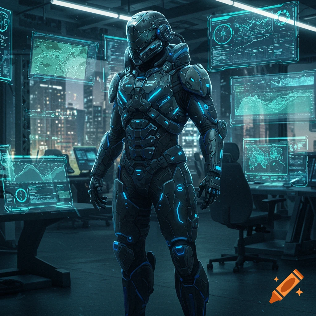 A futuristic combat technician in dark armored suit with glowing blue accents stands in a high-tech control room with holographic screens displaying data.