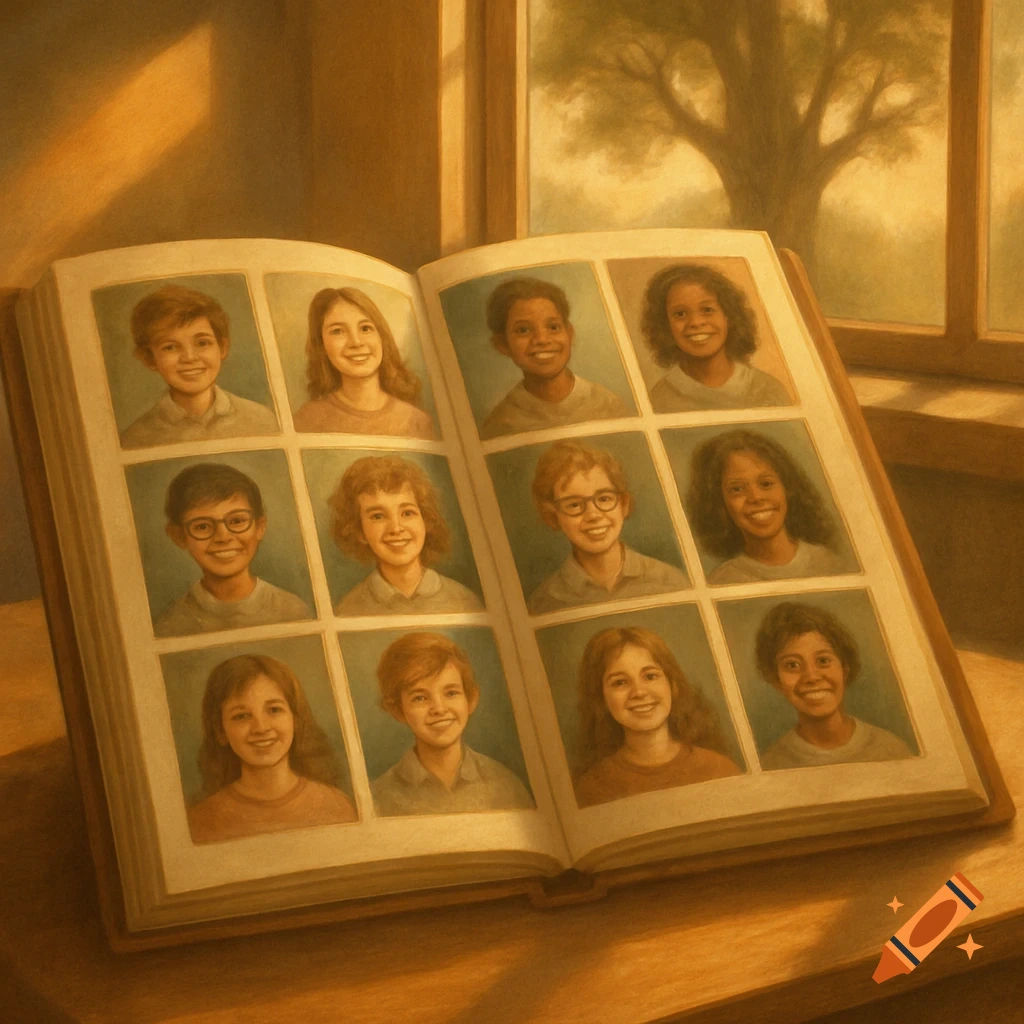 An open, old-fashioned yearbook filled with painterly portraits of diverse, smiling children, bathed in warm light.