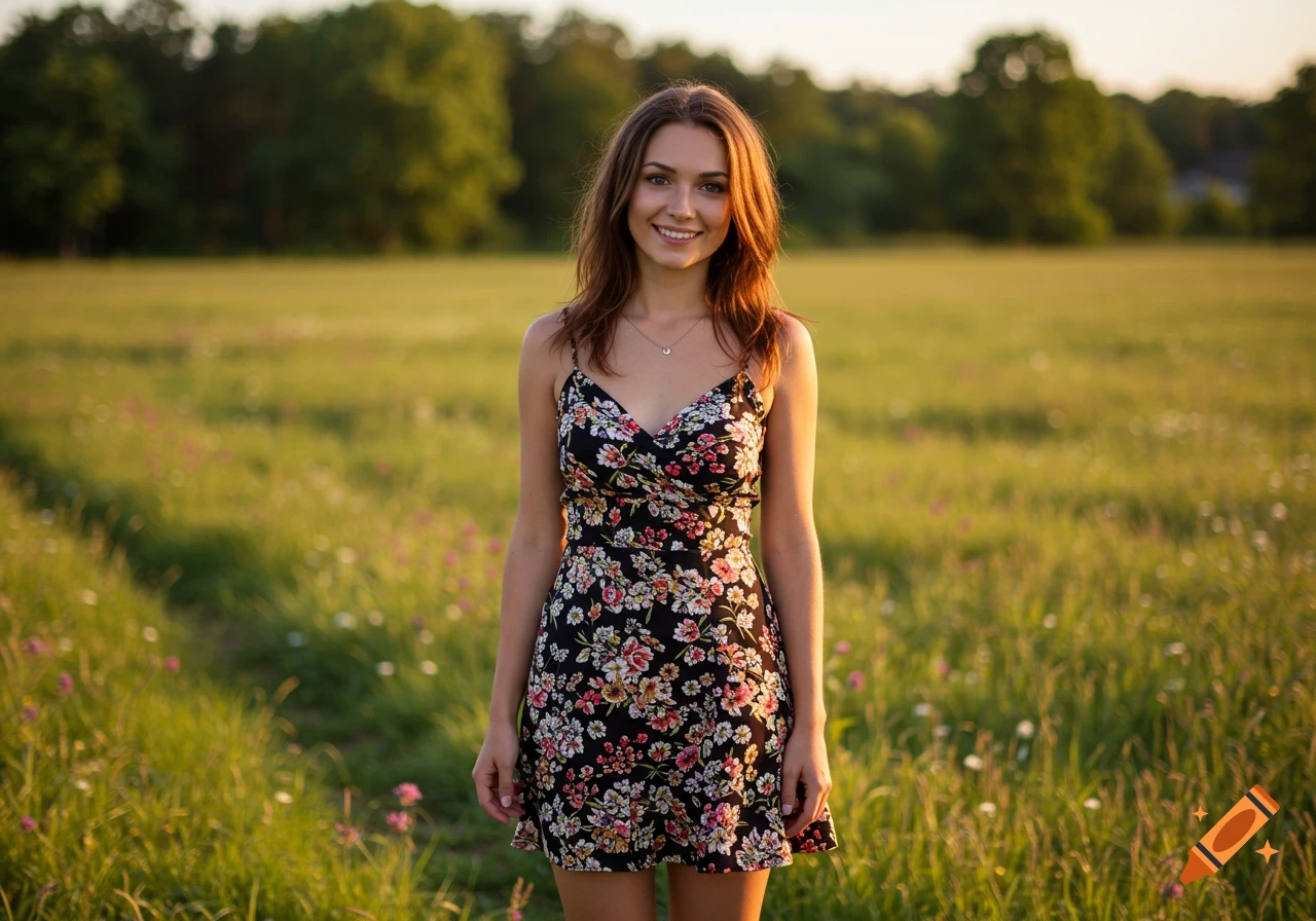 Photorealistic portrait of a young woman in a black floral sundress smiling in a sunlit grassy field with trees in the background.