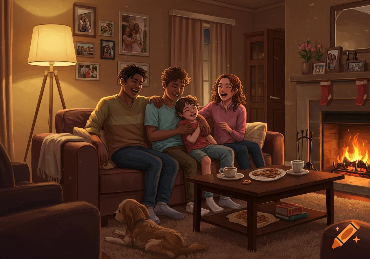 An illustrated family of four and a dog relax on a couch by a fireplace in a cozy living room.