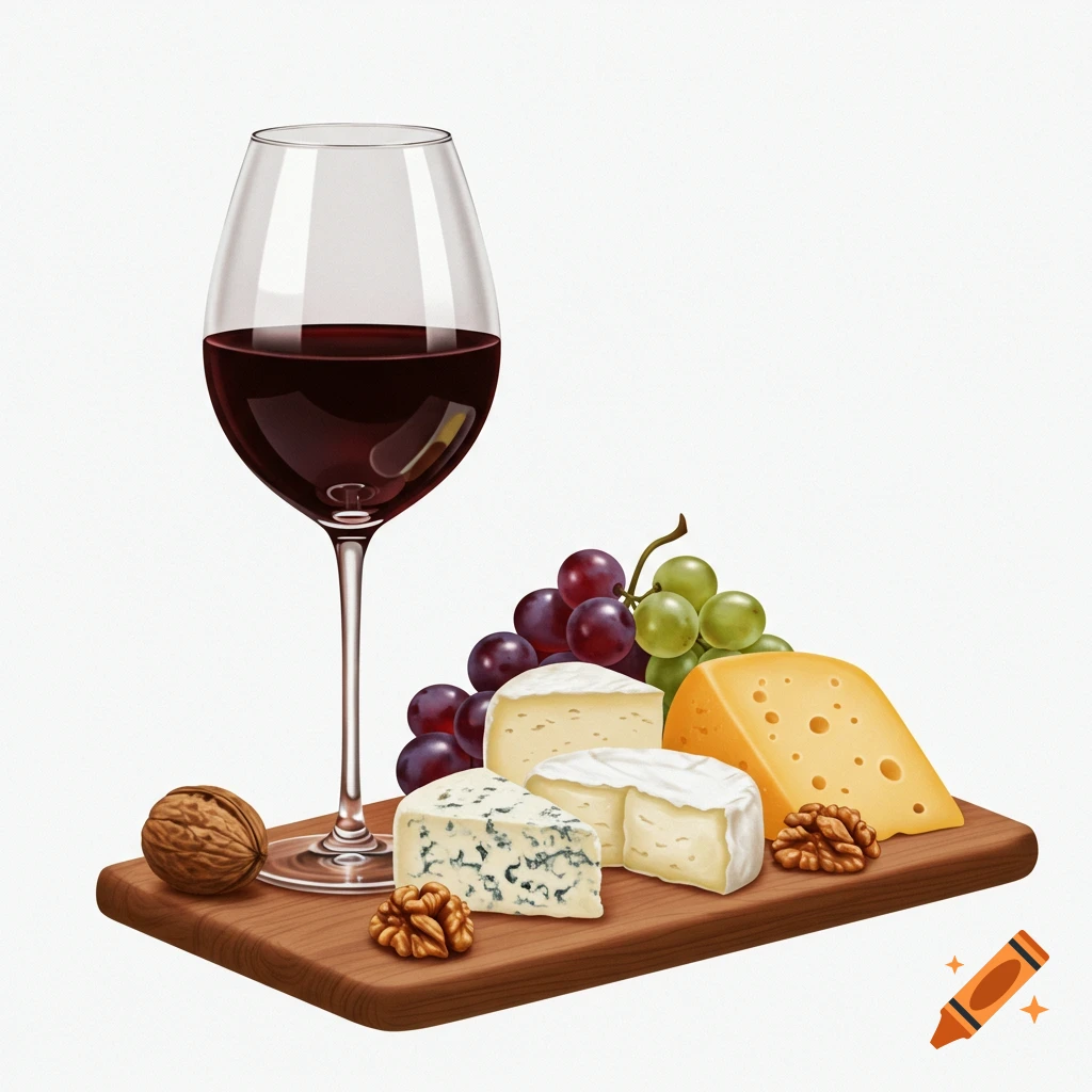 A glass of red wine, various cheeses, red and green grapes, and walnuts on a wooden cutting board.