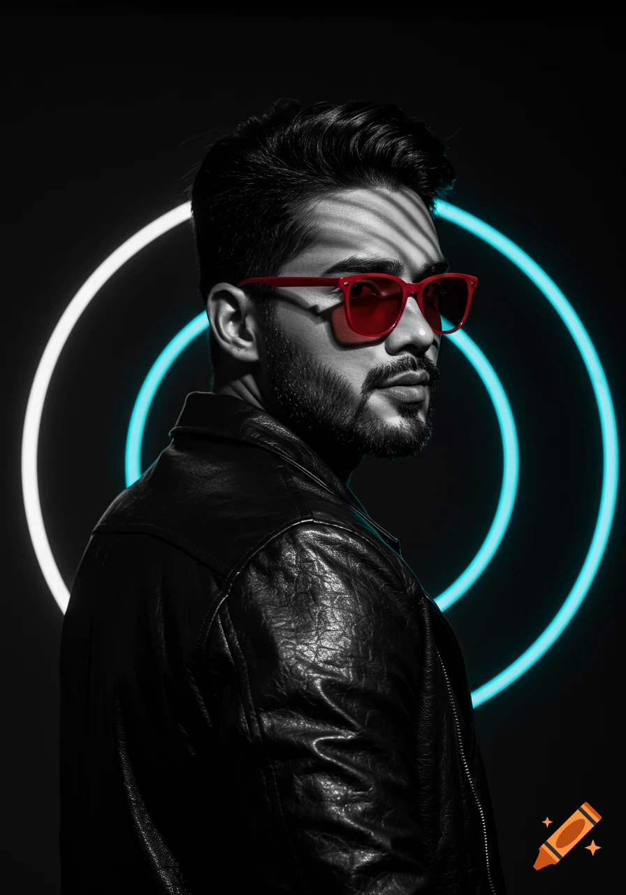 Black and white fashion portrait of a man in a black leather jacket and red sunglasses, against a dark background with glowing neon blue circles.