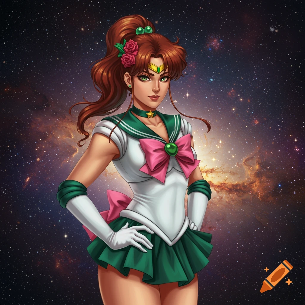 An illustrated anime-style woman dressed as Sailor Jupiter in a green and white uniform with a pink bow, standing against a starry space background.