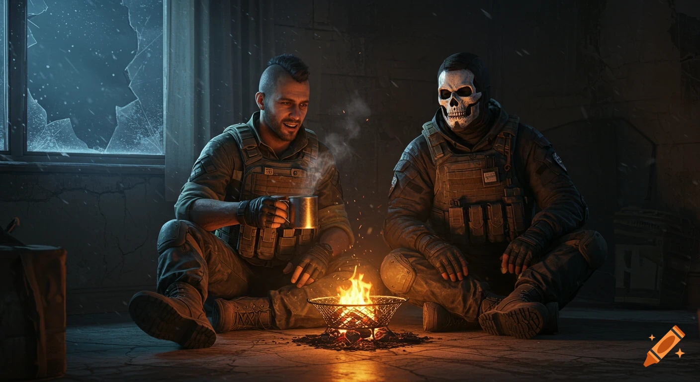 Two soldiers, one masked and one smiling, sit by a small fire in a dark, broken room, 3D game art style.