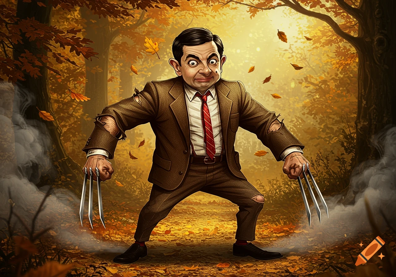 Caricature of Mr. Bean as Wolverine with claws, a torn suit, and an aggressive expression, standing in a colorful autumn forest.
