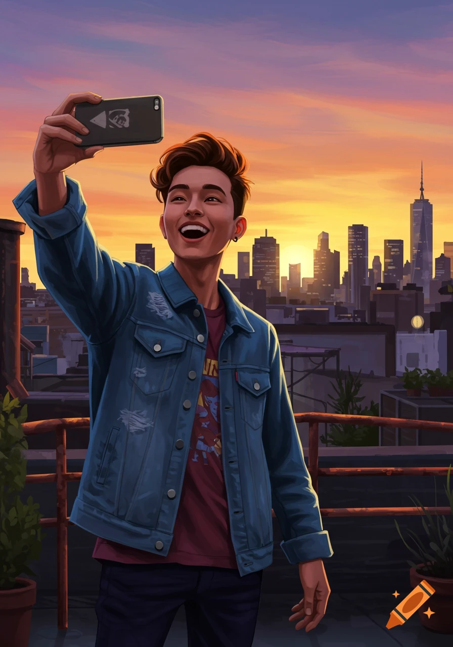 An illustration of a young man taking a selfie on a rooftop at sunset, with a city skyline in the background.