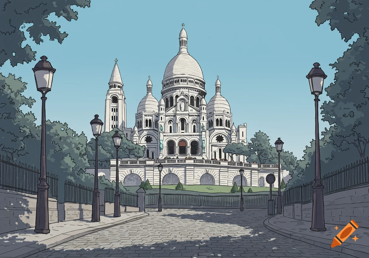 Simple illustration of Sacré-Cœur Basilica in Paris, viewed from a cobblestone street lined with lampposts.