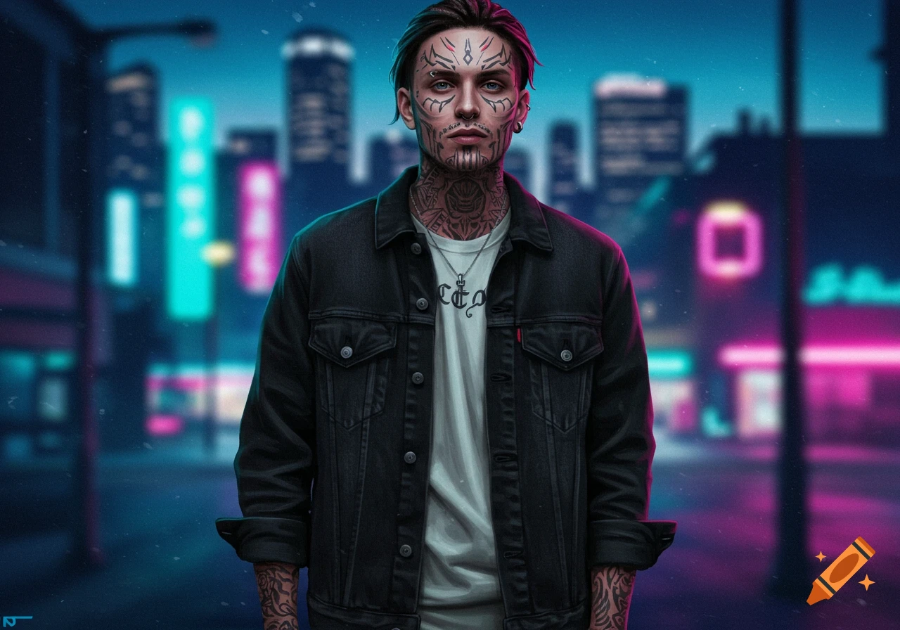 A man with elaborate face and neck tattoos wears a black denim jacket and white t-shirt, standing in a neon-lit city street at night.