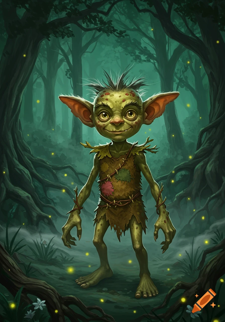 A detailed, cartoonish green goblin with large ears and spiky hair, wearing leaf clothes, stands in a mystical forest with fireflies.