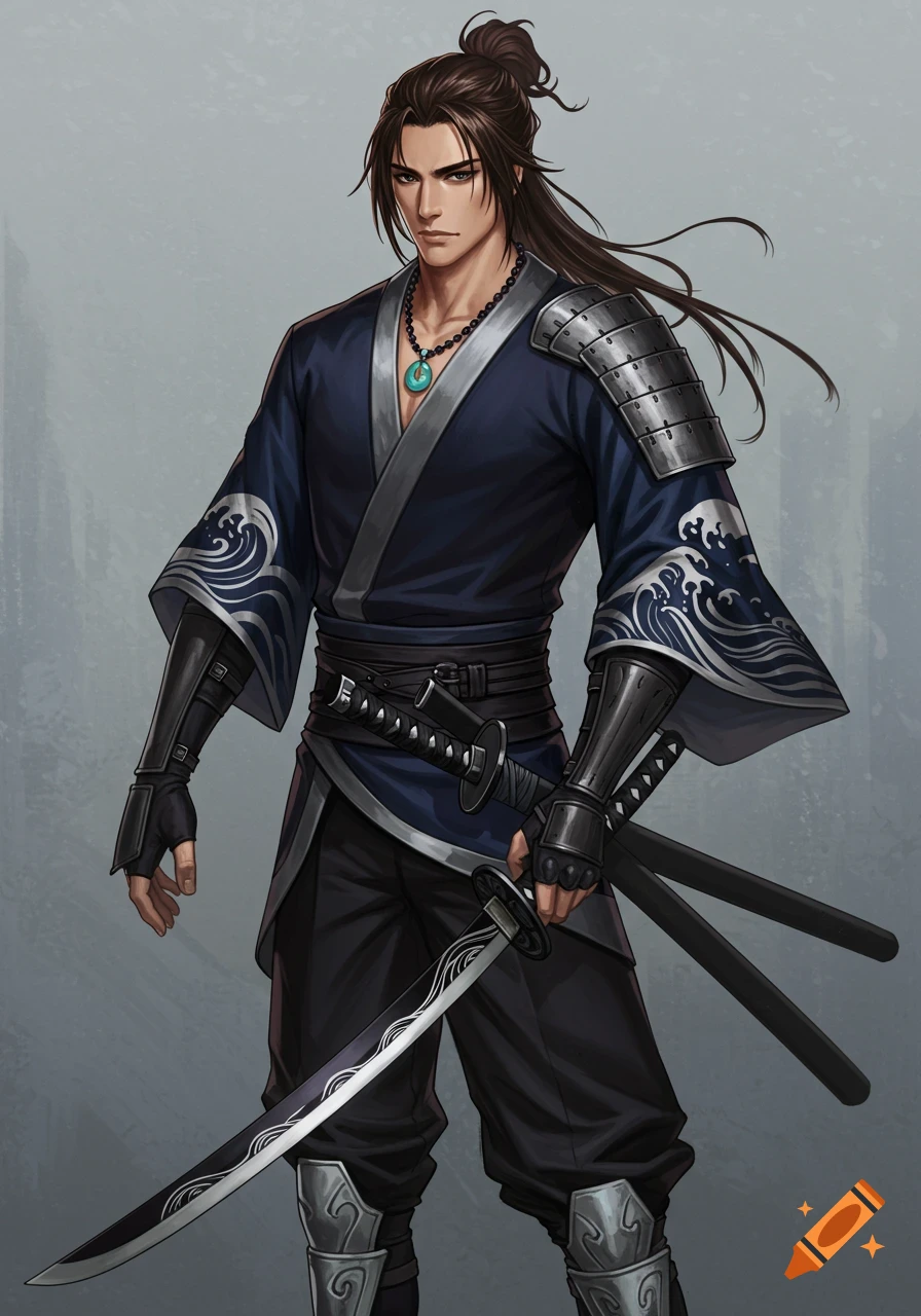 An anime-style male warrior with long dark hair, wearing a dark navy kimono with silver wave patterns and armor, holding a katana.